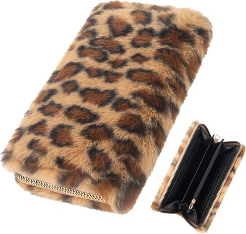 Leopard Print Fuzzy Clutch Wallet - Plush Faux Fur Handbag with 5 Bill Compartment, 8 Card Slots & Zipper Coin Pocket, Durable Scratch Prevention Multi-Pocket Handle Purse for Women (Brown) in Kuwait