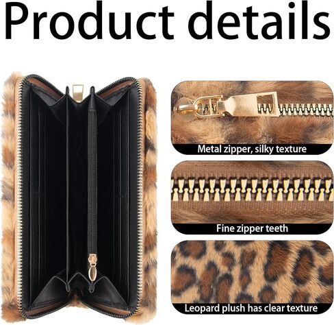Leopard Print Fuzzy Clutch Wallet - Plush Faux Fur Handbag with 5 Bill Compartment, 8 Card Slots & Zipper Coin Pocket, Durable Scratch Prevention Multi-Pocket Handle Purse for Women (Brown) in Kuwait