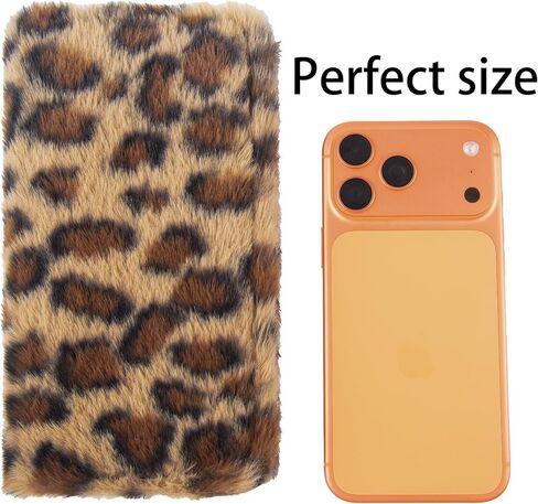 Leopard Print Fuzzy Clutch Wallet - Plush Faux Fur Handbag with 5 Bill Compartment, 8 Card Slots & Zipper Coin Pocket, Durable Scratch Prevention Multi-Pocket Handle Purse for Women (Brown) in Kuwait