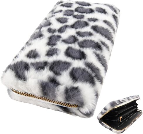 Leopard Print Fuzzy Clutch Wallet - Plush Faux Fur Handbag with 5 Bill Compartment, 8 Card Slots & Zipper Coin Pocket, Durable Scratch Prevention Multi-Pocket Handle Purse for Women (Brown) in Kuwait
