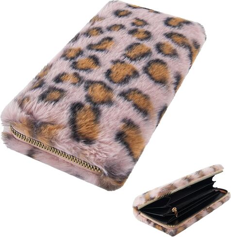 Leopard Print Fuzzy Clutch Wallet - Plush Faux Fur Handbag with 5 Bill Compartment, 8 Card Slots & Zipper Coin Pocket, Durable Scratch Prevention Multi-Pocket Handle Purse for Women (Brown) in Kuwait