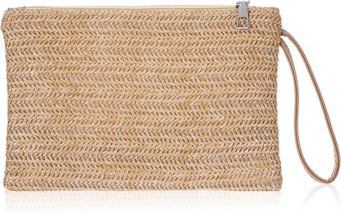 oruola Straw Clutch Purse,Bohemian Style Wicker Clutch, Zipper Wristlet Hand-Woven Woven Clutches Purse, Suitable for Work, Dating, Daily Life and Travel, Khaki in Kuwait