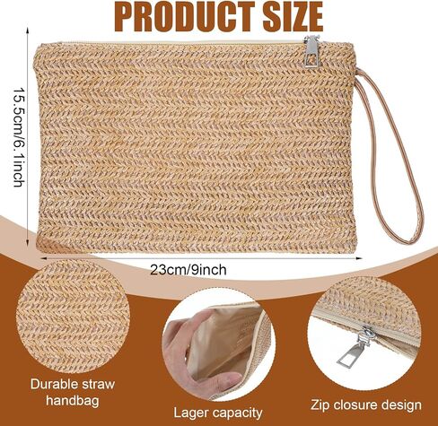 oruola Straw Clutch Purse,Bohemian Style Wicker Clutch, Zipper Wristlet Hand-Woven Woven Clutches Purse, Suitable for Work, Dating, Daily Life and Travel, Khaki in Kuwait