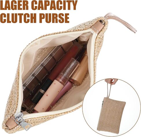 oruola Straw Clutch Purse,Bohemian Style Wicker Clutch, Zipper Wristlet Hand-Woven Woven Clutches Purse, Suitable for Work, Dating, Daily Life and Travel, Khaki in Kuwait