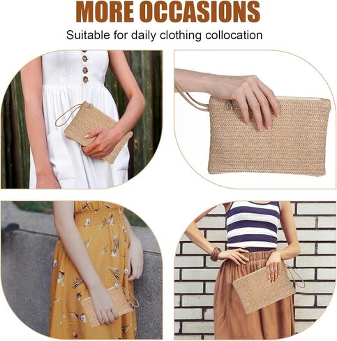 oruola Straw Clutch Purse,Bohemian Style Wicker Clutch, Zipper Wristlet Hand-Woven Woven Clutches Purse, Suitable for Work, Dating, Daily Life and Travel, Khaki in Kuwait
