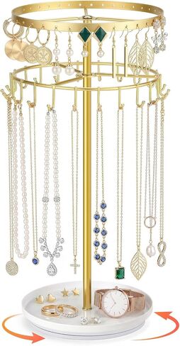 LANDNEOO Necklace Holder Jewelry Organizer, 360° Rotating 3-Tier Jewelry Stand Display, 14.3" Holds 80 Pcs, Earring Holder, Bracelet Ring Holder, Jewelry Organizer and Storage For Women Vanity Dresser in Kuwait