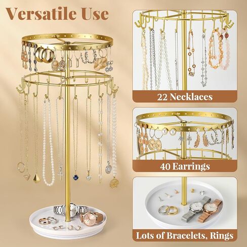 LANDNEOO Necklace Holder Jewelry Organizer, 360° Rotating 3-Tier Jewelry Stand Display, 14.3" Holds 80 Pcs, Earring Holder, Bracelet Ring Holder, Jewelry Organizer and Storage For Women Vanity Dresser in Kuwait