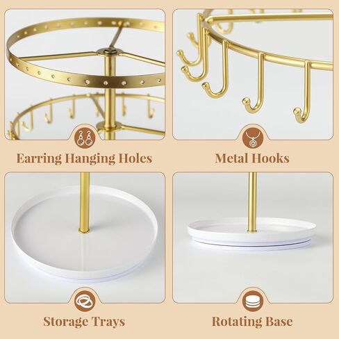 LANDNEOO Necklace Holder Jewelry Organizer, 360° Rotating 3-Tier Jewelry Stand Display, 14.3" Holds 80 Pcs, Earring Holder, Bracelet Ring Holder, Jewelry Organizer and Storage For Women Vanity Dresser in Kuwait