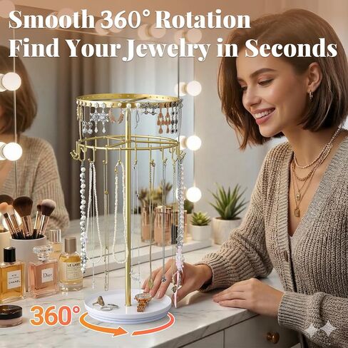 LANDNEOO Necklace Holder Jewelry Organizer, 360° Rotating 3-Tier Jewelry Stand Display, 14.3" Holds 80 Pcs, Earring Holder, Bracelet Ring Holder, Jewelry Organizer and Storage For Women Vanity Dresser in Kuwait
