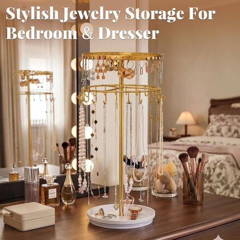 LANDNEOO Necklace Holder Jewelry Organizer, 360° Rotating 3-Tier Jewelry Stand Display, 14.3" Holds 80 Pcs, Earring Holder, Bracelet Ring Holder, Jewelry Organizer and Storage For Women Vanity Dresser in Kuwait