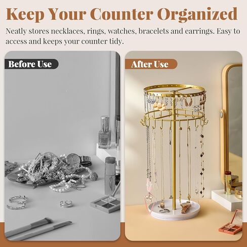 LANDNEOO Necklace Holder Jewelry Organizer, 360° Rotating 3-Tier Jewelry Stand Display, 14.3" Holds 80 Pcs, Earring Holder, Bracelet Ring Holder, Jewelry Organizer and Storage For Women Vanity Dresser in Kuwait