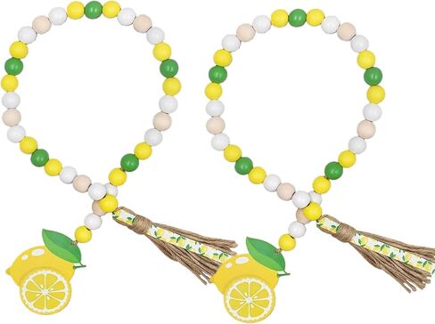 2 Pcs Lemon Wood Bead Garland with Tassels Farmhouse Rustic Wooden Lemon Garlands Summer Home Decor Boho Lemonade Prayer Beads Lemonade Sign Spring Summer Tiered Tray Decorations in Saudi Arabia