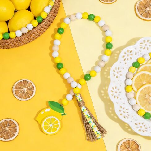 2 Pcs Lemon Wood Bead Garland with Tassels Farmhouse Rustic Wooden Lemon Garlands Summer Home Decor Boho Lemonade Prayer Beads Lemonade Sign Spring Summer Tiered Tray Decorations in Saudi Arabia