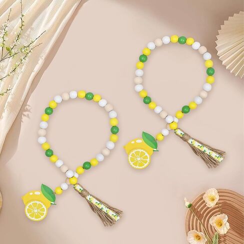 2 Pcs Lemon Wood Bead Garland with Tassels Farmhouse Rustic Wooden Lemon Garlands Summer Home Decor Boho Lemonade Prayer Beads Lemonade Sign Spring Summer Tiered Tray Decorations in Saudi Arabia