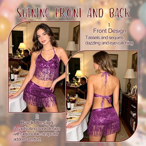 Sparkly Fringe Belly Dance Outfits for Women,Sequin Rave Top Skirts for Disco Club Music Festival Halloween in Kuwait
