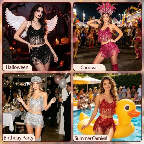 Sparkly Fringe Belly Dance Outfits for Women,Sequin Rave Top Skirts for Disco Club Music Festival Halloween in Kuwait