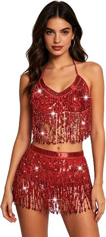 Sparkly Fringe Belly Dance Outfits for Women,Sequin Rave Top Skirts for Disco Club Music Festival Halloween in Kuwait