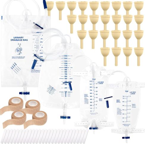 External Latex Condom Catheters for Men, Male External Catheter for Day and Night Use, 26 Soft Condoms, 750ml and 1000ml Leg Bags, 1500ml and 2000ml Urine Bags, 4 Rolls of Tape (30mm) in Kuwait