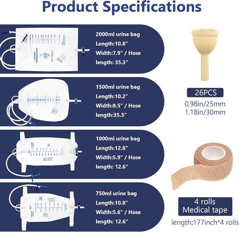 External Latex Condom Catheters for Men, Male External Catheter for Day and Night Use, 26 Soft Condoms, 750ml and 1000ml Leg Bags, 1500ml and 2000ml Urine Bags, 4 Rolls of Tape (30mm) in Kuwait