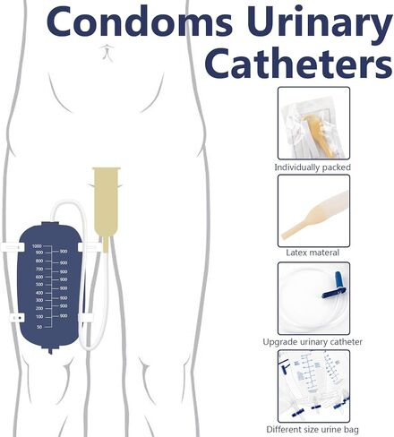 External Latex Condom Catheters for Men, Male External Catheter for Day and Night Use, 26 Soft Condoms, 750ml and 1000ml Leg Bags, 1500ml and 2000ml Urine Bags, 4 Rolls of Tape (30mm) in Kuwait