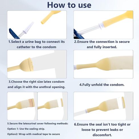 External Latex Condom Catheters for Men, Male External Catheter for Day and Night Use, 26 Soft Condoms, 750ml and 1000ml Leg Bags, 1500ml and 2000ml Urine Bags, 4 Rolls of Tape (30mm) in Kuwait