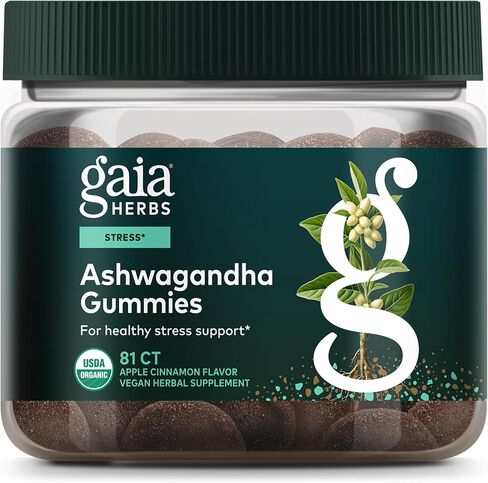 Gaia Herbs Organic Ashwagandha Gummies - Stress Support* - Supports Healthy Cortisol Balance* - Made with Cinnamon & Ginger - Gluten Free & Vegan - 81 Count (27 Servings) in Kuwait