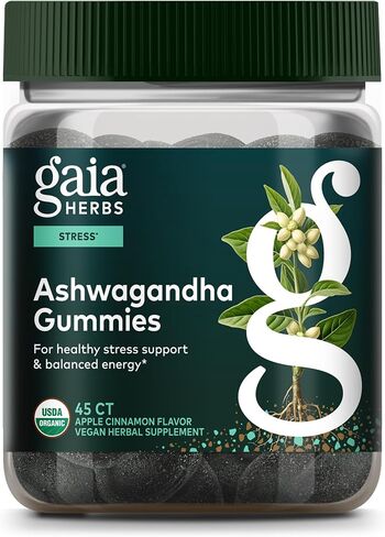 Gaia Herbs Organic Ashwagandha Gummies - Stress Support* - Supports Healthy Cortisol Balance* - Made with Cinnamon & Ginger - Gluten Free & Vegan - 81 Count (27 Servings) in Kuwait
