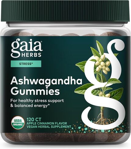 Gaia Herbs Organic Ashwagandha Gummies - Stress Support* - Supports Healthy Cortisol Balance* - Made with Cinnamon & Ginger - Gluten Free & Vegan - 81 Count (27 Servings) in Kuwait