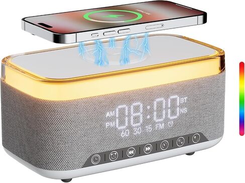 Bluetooth Speaker Alarm Clock with 10w Fast Wireless Charger for iPhone Samsung, 10W Stereo Bluetooth Speaker, 12-Color Night Light, White Noise Machine Digital Clock with FM Radio for Bedroom (Gray) in Kuwait