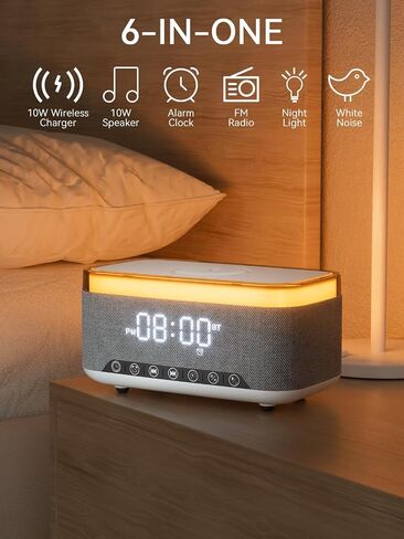 Bluetooth Speaker Alarm Clock with 10w Fast Wireless Charger for iPhone Samsung, 10W Stereo Bluetooth Speaker, 12-Color Night Light, White Noise Machine Digital Clock with FM Radio for Bedroom (Gray) in Kuwait
