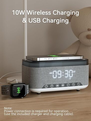 Bluetooth Speaker Alarm Clock with 10w Fast Wireless Charger for iPhone Samsung, 10W Stereo Bluetooth Speaker, 12-Color Night Light, White Noise Machine Digital Clock with FM Radio for Bedroom (Gray) in Kuwait