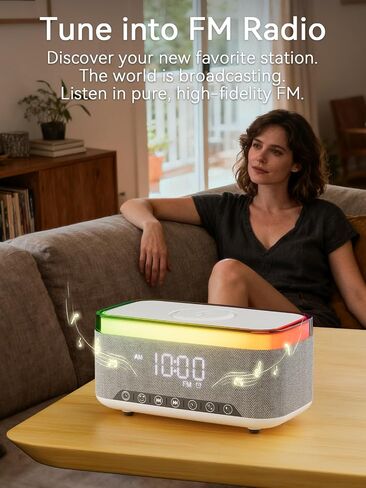 Bluetooth Speaker Alarm Clock with 10w Fast Wireless Charger for iPhone Samsung, 10W Stereo Bluetooth Speaker, 12-Color Night Light, White Noise Machine Digital Clock with FM Radio for Bedroom (Gray) in Kuwait