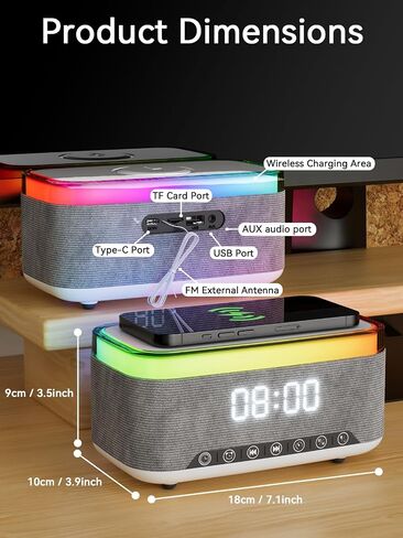 Bluetooth Speaker Alarm Clock with 10w Fast Wireless Charger for iPhone Samsung, 10W Stereo Bluetooth Speaker, 12-Color Night Light, White Noise Machine Digital Clock with FM Radio for Bedroom (Gray) in Kuwait