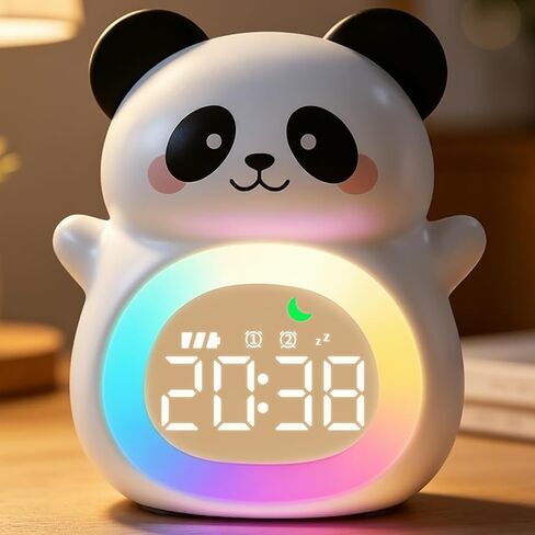MASHI Panda Kids Alarm Clock, Sun & Moon Sleep Trainer for Toddlers, Cute Animal OK to Wake Clock with 9 Color Night Light, 6 Soothing Sounds, Dual Alarm, for Boys & Girls in Saudi Arabia