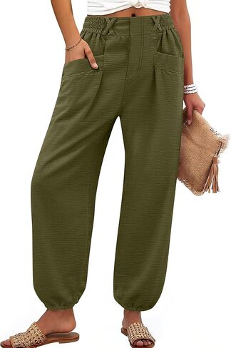ANRABESS Womens Pants Elastic Waist Summer Casual Harem Barrel Lounge Work Slacks Cropped Beach Vacation Clothes with Pockets in Kuwait