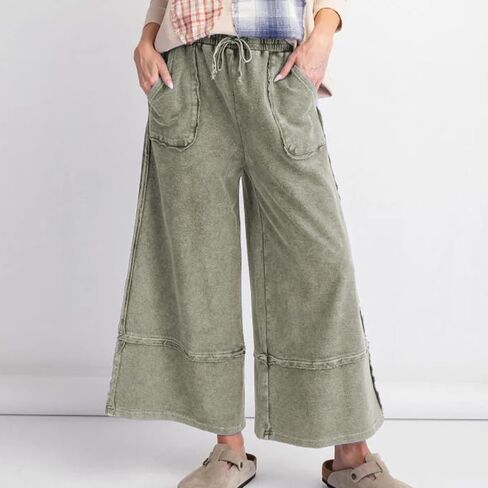Mineral Washed Wide Leg Sweatpants Women Baggy Drawstring Elastic Waisted Palazzo Pants Trendy Trousers with Pockets(Olive,M) in Saudi Arabia