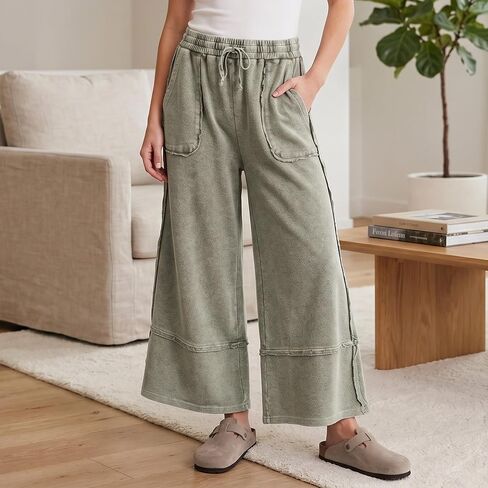 Mineral Washed Wide Leg Sweatpants Women Baggy Drawstring Elastic Waisted Palazzo Pants Trendy Trousers with Pockets(Olive,M) in Saudi Arabia