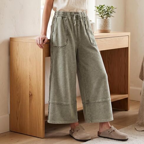 Mineral Washed Wide Leg Sweatpants Women Baggy Drawstring Elastic Waisted Palazzo Pants Trendy Trousers with Pockets(Olive,M) in Saudi Arabia