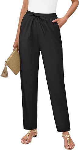 DLOODA Womens Cropped Linen Pants, High Waisted Drawstring Casual Lounge Ankle Trousers with Pockets Beach Vacation Outfits in Kuwait