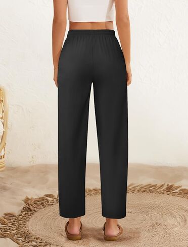 DLOODA Womens Cropped Linen Pants, High Waisted Drawstring Casual Lounge Ankle Trousers with Pockets Beach Vacation Outfits in Kuwait