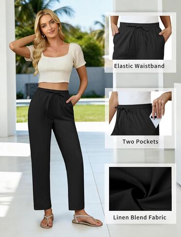 DLOODA Womens Cropped Linen Pants, High Waisted Drawstring Casual Lounge Ankle Trousers with Pockets Beach Vacation Outfits in Kuwait