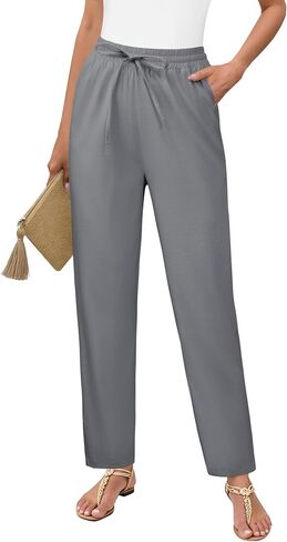 DLOODA Womens Cropped Linen Pants, High Waisted Drawstring Casual Lounge Ankle Trousers with Pockets Beach Vacation Outfits in Kuwait