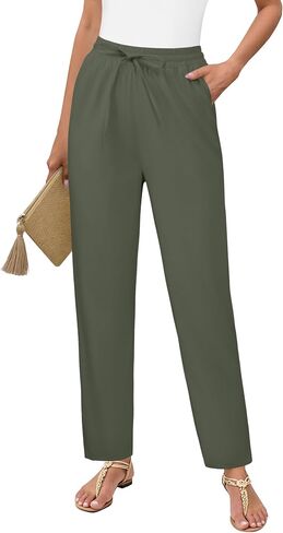 DLOODA Womens Cropped Linen Pants, High Waisted Drawstring Casual Lounge Ankle Trousers with Pockets Beach Vacation Outfits in Kuwait