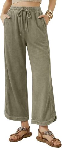 Women's Wide Leg Pants Comfy Cotton Casual Loose Drawstring Elastic Waist Baggy Palazzo Lounge Trousers with Pockets in Kuwait