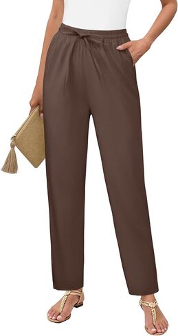 DLOODA Womens Cropped Linen Pants, High Waisted Drawstring Casual Lounge Ankle Trousers with Pockets Beach Vacation Outfits in Kuwait