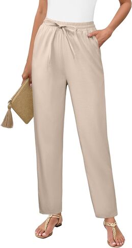 DLOODA Womens Cropped Linen Pants, High Waisted Drawstring Casual Lounge Ankle Trousers with Pockets Beach Vacation Outfits in Kuwait