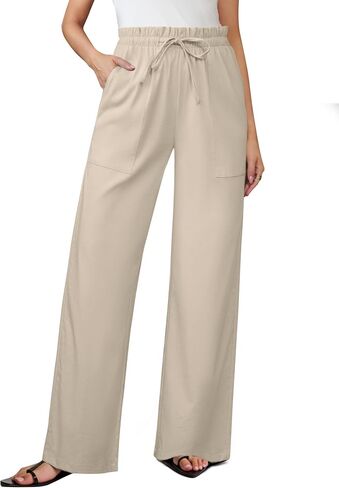 Womens Linen Wide Leg Pants, High Waisted Flowy Palazzo with Pockets Summer Drawstring Trousers Beach Travel Work in Saudi Arabia