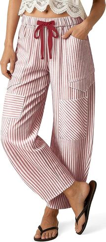 TARSE Women's Striped Linen Barrel Pants Wide Leg Drawstring Baggy Summer Beach Lounge Pants with Pockets Y2k Patchwork in Kuwait