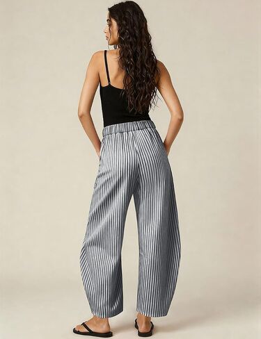 TARSE Women's Striped Linen Barrel Pants Wide Leg Drawstring Baggy Summer Beach Lounge Pants with Pockets Y2k Patchwork in Kuwait