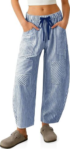 TARSE Women's Striped Linen Barrel Pants Wide Leg Drawstring Baggy Summer Beach Lounge Pants with Pockets Y2k Patchwork in Kuwait